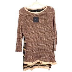 Ryu Womens L Brown Black Lightweight Sheer Knit 3/4 Sleeve Boho Sweater Top NWT